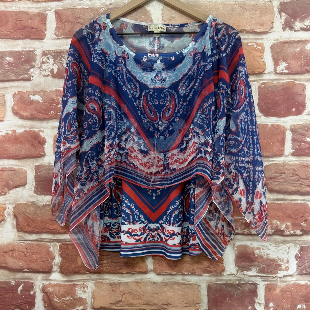 One World Poncho Kimono Top Women's S Multicolor Boho Floral Casual Tank Shirt